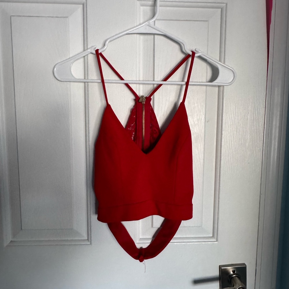 B Darlin Vibrant Red Lace Detail Cropped Tank Top